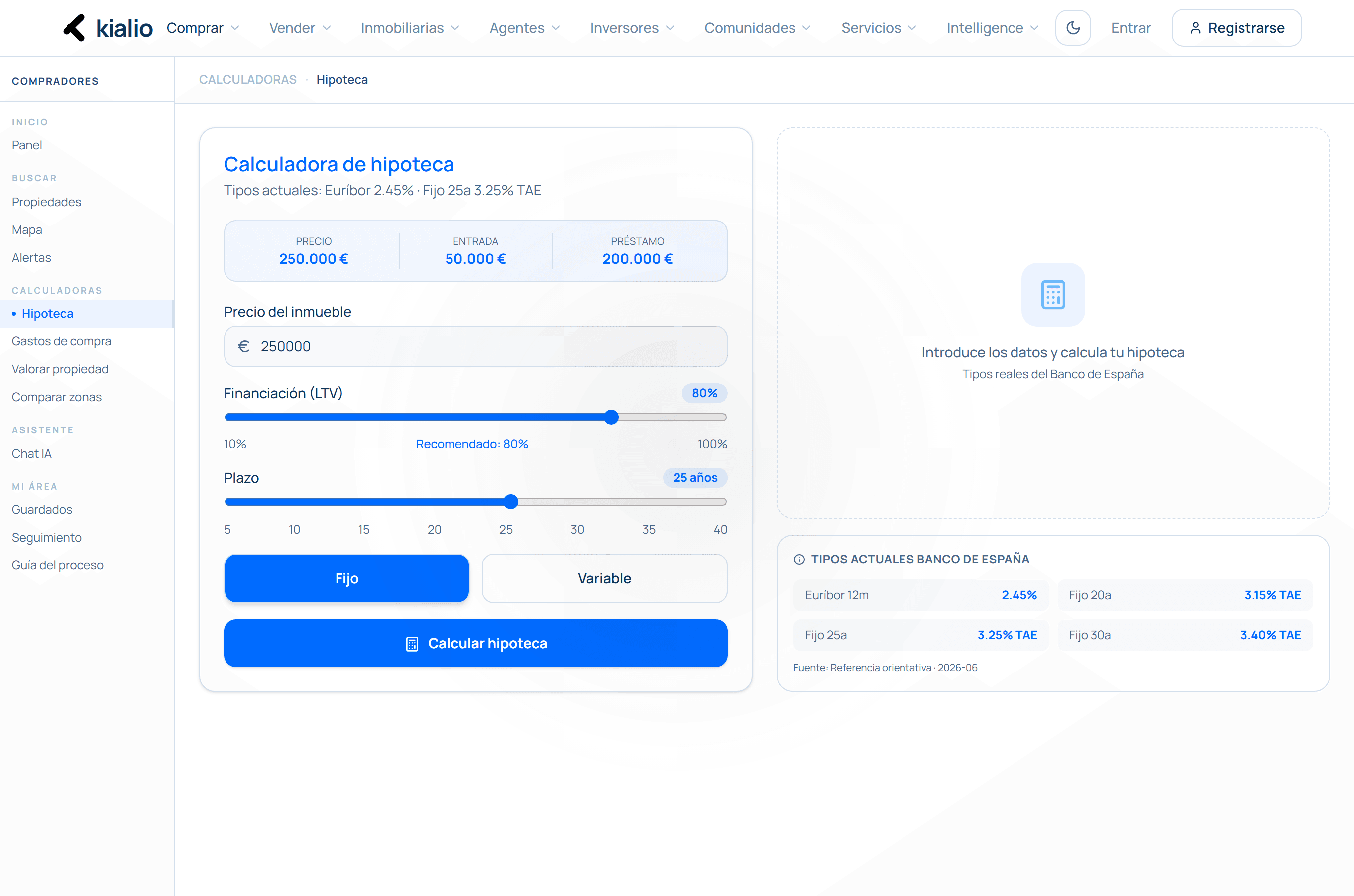 Calculadora de hipoteca de Kialio con los tipos del Banco de España